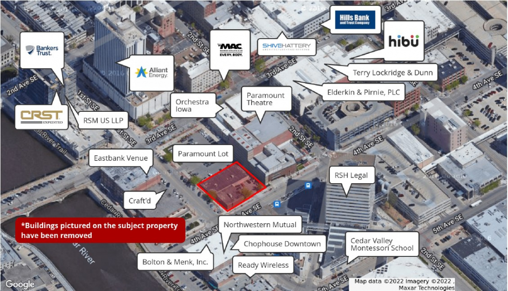 Offices and retailers labeled near the vacant downtown Cedar Rapids land