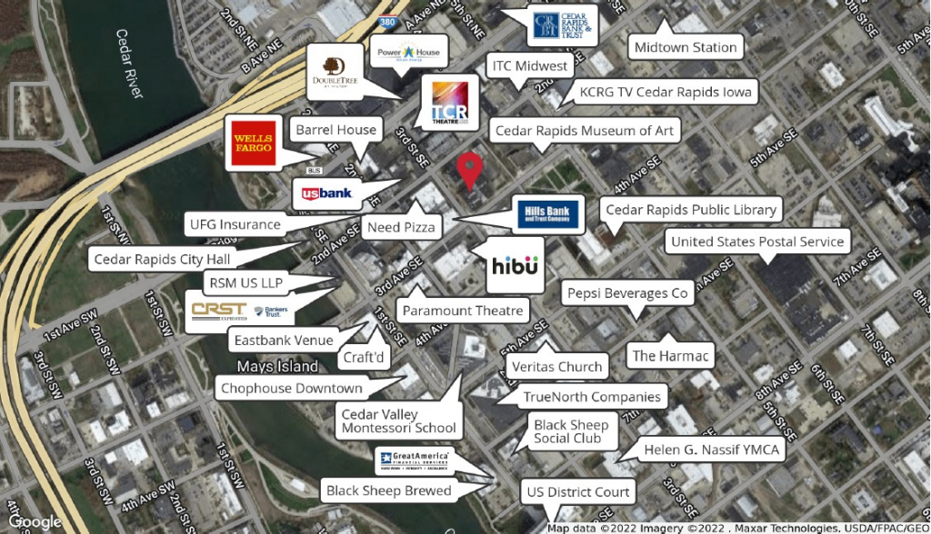 Labeled aerial of companies located within the area of the Cedar Rapids bank building