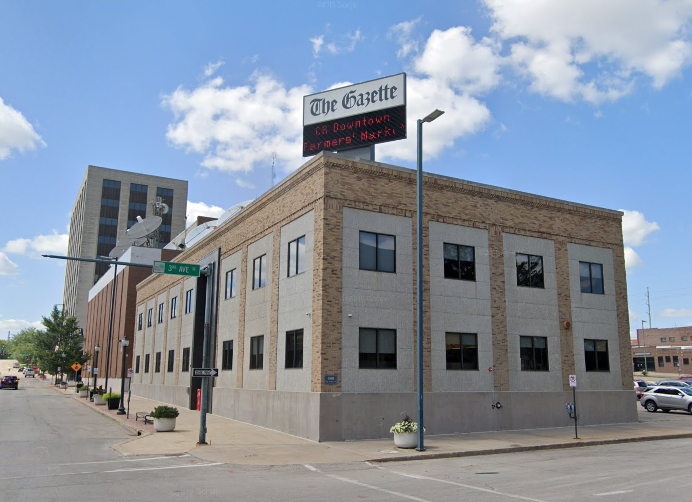 Exterior photo of the former Gazette building at 500 3rd Avenue SE, Cedar RApids