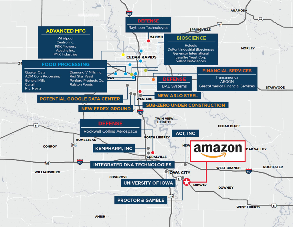 Iowa City and Cedar Rapids overview map with area employers and Amazon distribution building available identified