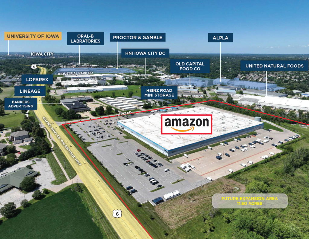 Drone photo from above the Amazon distribution building available at 2500 Heinz Rd., Iowa City, Iowa with neighboring companies labeled