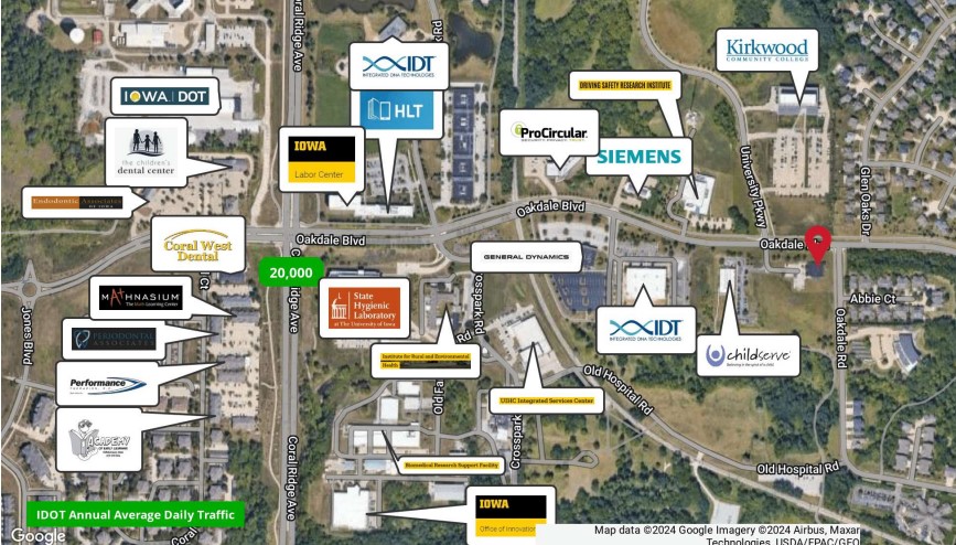 2300 Oakdale Blvd., Coralville aerial with University of Iowa Research Park companies identified